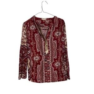 TINY Womens‎ Paisley Sequin Henley Blouse Burgundy Boho Long Sleeve Top Medium